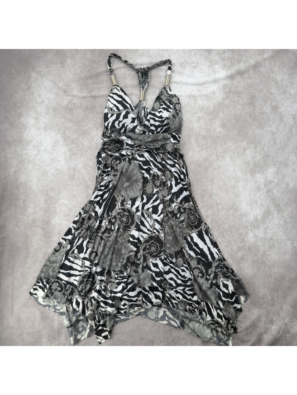 Vintage Y2K Zebra Animal Print Paisley Halter Asymmetrical Midi Dress S